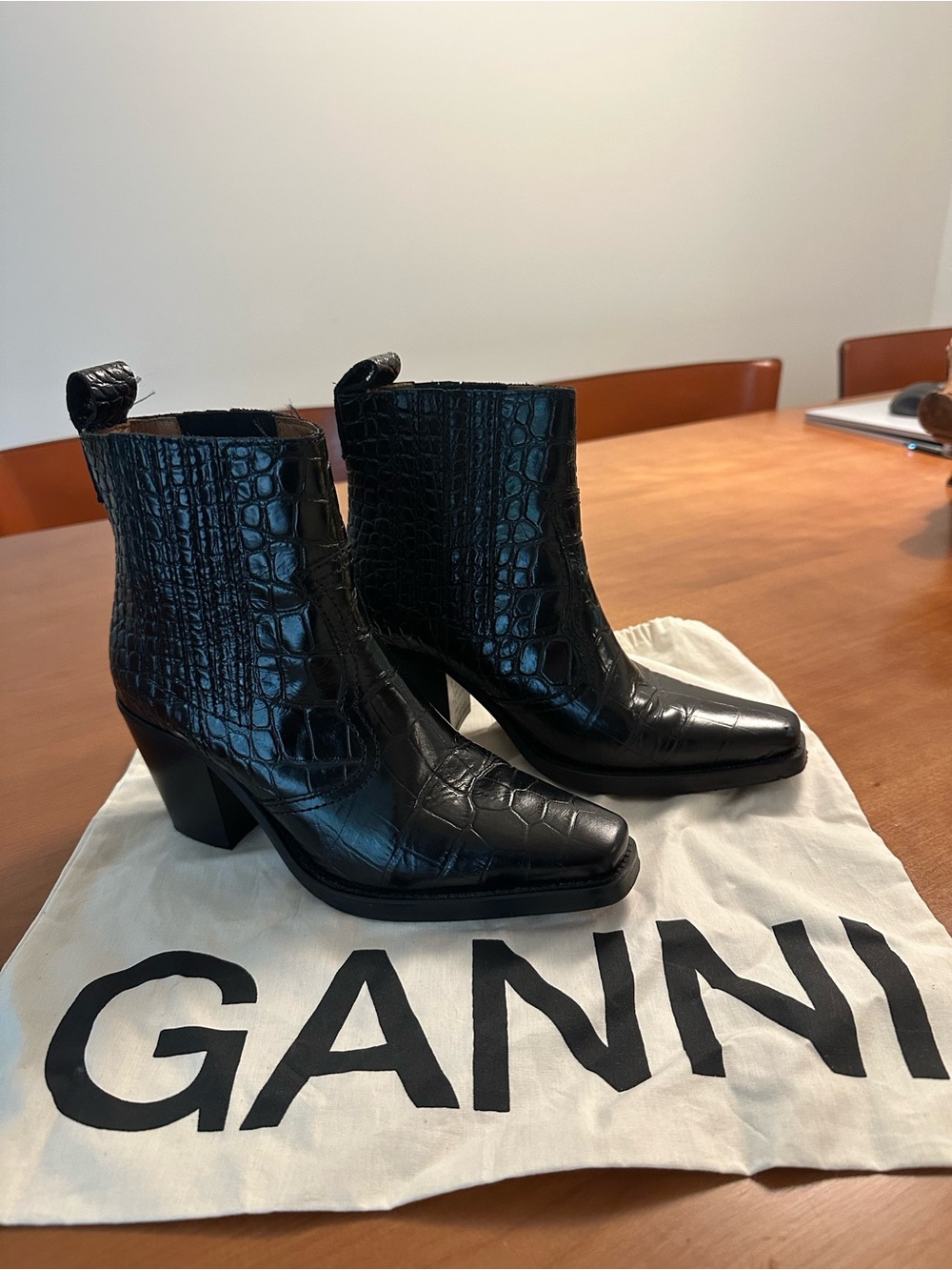 Ganni Black Croc-Embossed Ankle Booties with Block Heel